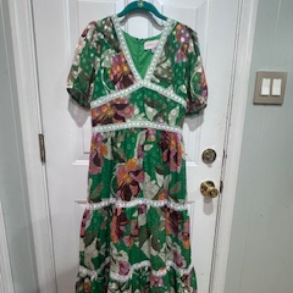 Adelyn Rae Green Floral Lace Trim Maxi Dress – Size M
